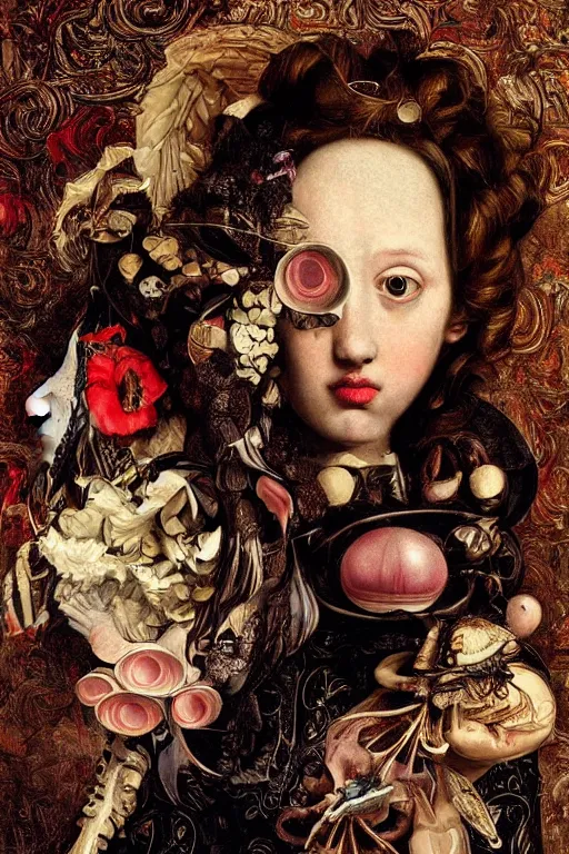 Image similar to Detailed maximalist portrait with large lips and with large, wide eyes, sad expression, HD mixed media, 3D collage, highly detailed and intricate, surreal, illustration in the style of Caravaggio, dark art, baroque