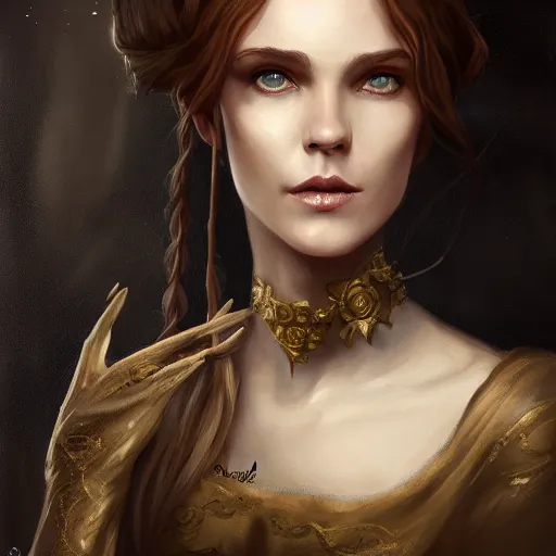 Image similar to a detailed matte head - on portrait painting of an middle - aged half - tiefling noblewoman with golden eyes and short well kept hair, by charlie bowater, lise deharme, wlop, tending on arstation, dungeons and dragon, dnd, pathfinder, fanart, oil on canvas