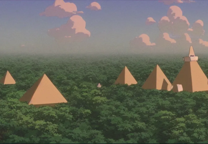 Image similar to a movie still from a studio ghibli film showing several large white pyramids and a golden ufo in the amazon jungle. very muted colors