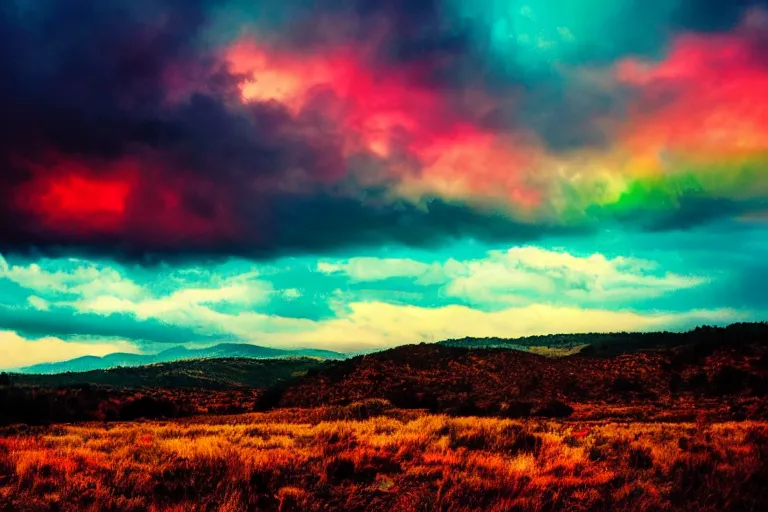 Prompt: Under a technicolor sky, 4k landscape, rainy