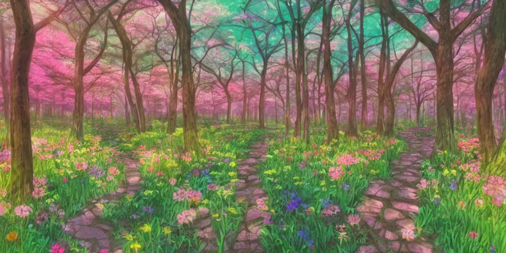 Image similar to path through a wide forest, modern flowers and fierflies, lanterns. pastel!! watercolor art, expansive cinematic view, volumetric shading, intricate and detailed, highly saturated colors. by madeon. breath of the wild style, by hayao miyazaki ghibli!!!. pink!! accents. trending on artstation. award winning