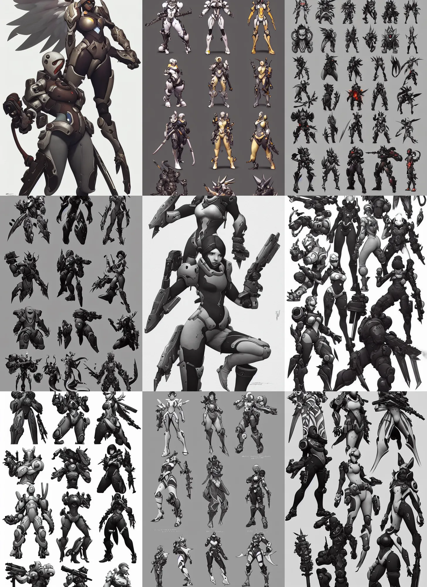 Prompt: detailed pencil spot illustrations of various character concepts from the overwatch and destiny crossover, various poses, by burne hogarth, by bridgeman, by anthony ryder, by yoshitaka amano, by ruan jia, by conrad roset, by mucha, cgsociety, artstation.