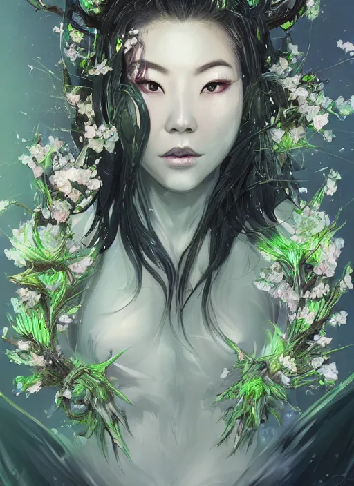 Prompt: portrait of Arden Cho as a everreaching Goddess of despair, a futuristic diety, inside future fighter, sci-fi, fantasy, intricate, lush garden spaceship with sakura season flowers, elegant, human anatomy, royal green and nature light, highly detailed, digital painting, artstation, concept art, smooth, sharp focus, illustration, art by tian zi and WLOP and alphonse mucha, masterpiece, 3d blender, mitch foust, Clyde Caldwell, brom