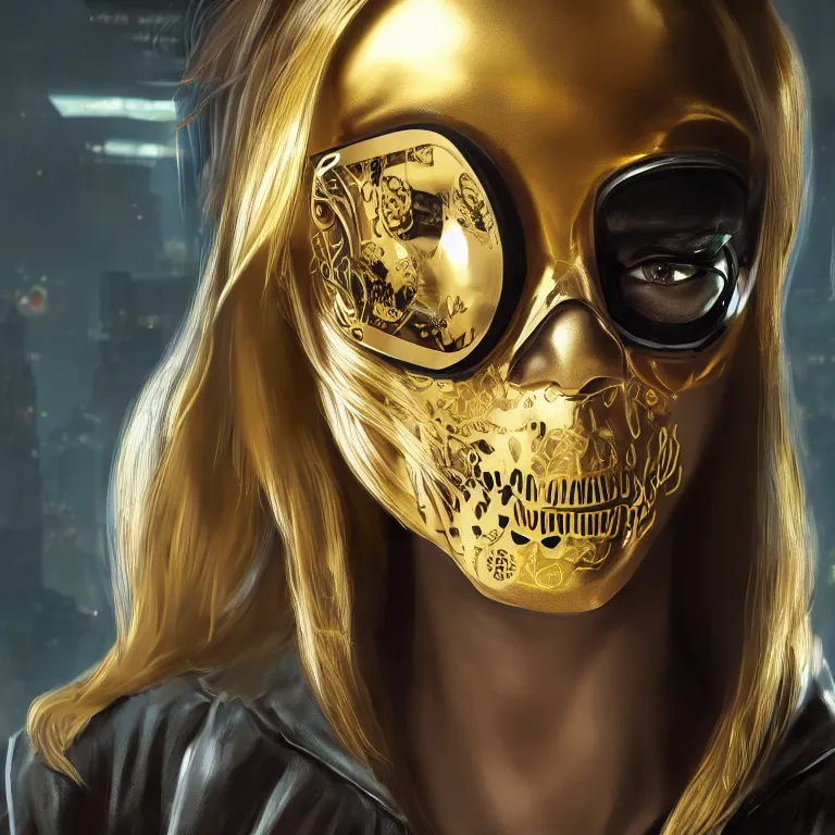 Prompt: cyberpunk female with a gold accented metallic sugar skull mask, concept art by jama jurabaev, cinematic shot, trending on artstation, hybrid from the elden ring and art direction by darius zawadzki ; by artgerm ; wayne reynolds art station ; cinematic quality character render ; low angle ; ultra high quality model ; production quality cinema model