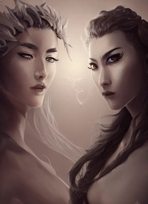 Prompt: portrait of yin yang personified, wonderful shading, realistic perfect face, concept art, dynamic pose, digital illustration, trending on artstation, intricate details, epic composition, sharp focus, 8 k uhd, masterpiece, wlop, ross draws