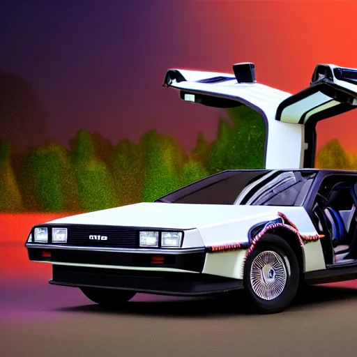 Prompt: a delorean in the style of back to the future at twin pines mall at night ultra Photorealistic 4k
