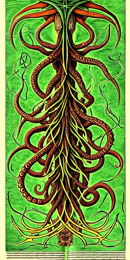 Image similar to cthulhu cross section scientific illustration biology book, highly detailed, style of illuminated manuscript codex