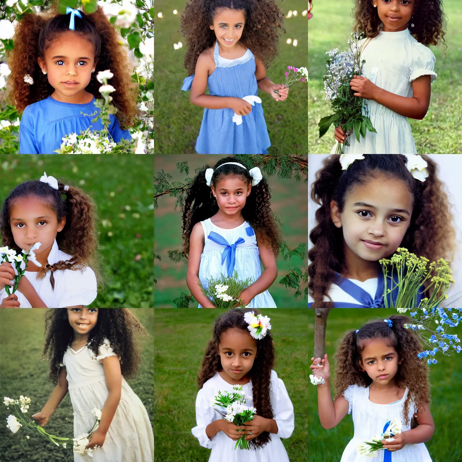 Prompt: a photograph of a small, delicate-looking girl with light brown skin and big, bright eyes. long, curly hair that's pulled back into a ponytail, wearing a white dress with a blue ribbon around the waist. In her hand, the girl is holding a bunch of flowers. Behind her, there will be a big, green tree.