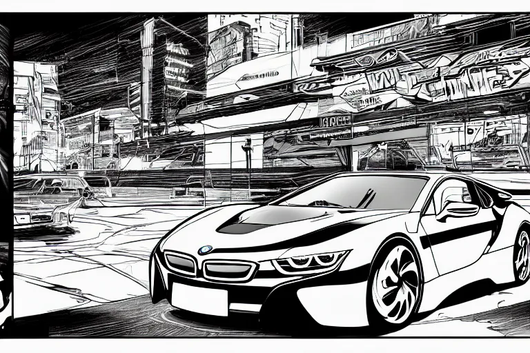 Image similar to bmw i 8, a page from cyberpunk 2 0 2 0, style of paolo parente, style of mike jackson, adam smasher, johnny silverhand, 1 9 9 0 s comic book style, white background, ink drawing, black and white