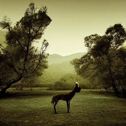 Prompt: a dreamy landscape full of majestic animals, minimalist photography