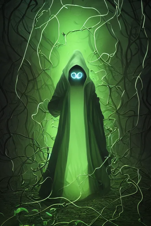 Prompt: A full body portrait of a mysterious character with no face, glowing eyes and a very long hooded dark green cloak, vines coming out the ground art by Shaddy Safadi and Jason Chan, ominous, cosmic horror, trending on artstation, Ultra detailed, hyper realistic 4k