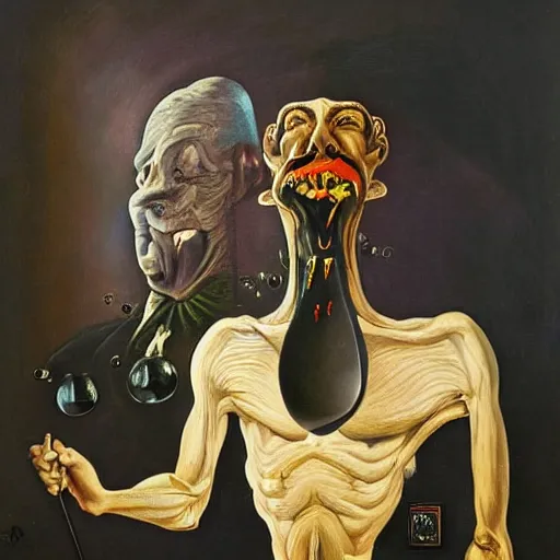 Image similar to Oil painting with black background by Christian Rex Van Minnen Robert Williams Salvador Dali of a portrait of an extremely bizarre disturbing mutated man with intense chiaroscuro lighting perfect composition