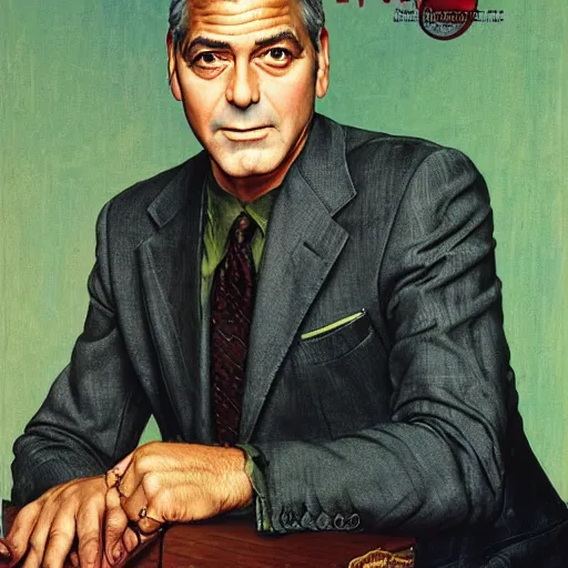 Image similar to George Clooney, highly detailed illustration, portrait painting by Norman Rockwell