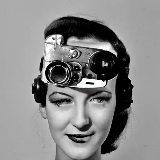 Image similar to a cyberpunk character with electronics in her face, highly detailed, 1940s vintage photo