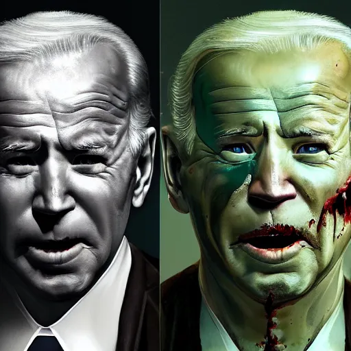 Image similar to joe biden as a rotting zombie, full body portrait, in a front of podeum, horror core, apocalyptic, feeling of grimdark, sharp focus, fiction, hyper detailed, digital art, trending in artstation, cinematic lighting, studio quality, smooth render, unreal engine 5 rendered, octane rendered, art style and nixeu and wlop and krenz cushart