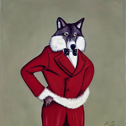 Prompt: portrait of a wolf playboy with red and white fur in a red retro suit with a yellow tie, oil painting