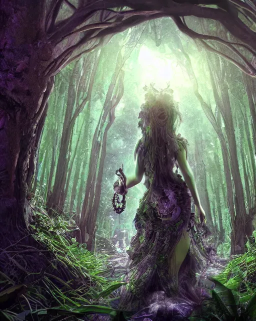 Image similar to a doomed goddess walking towards a ravenous, horrific portal to hades embedded in a creepy tree in a densely overgrown, magical jungle, fantasy, dreamlike sunraise, stopped in time, dreamlike light incidence, ultra realistic