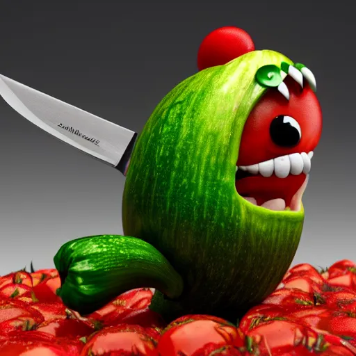 Prompt: detailed 3 d render of an angry zucchini character chasing a tomato figure with a knife in hand, hyper realistic octane render, dramatic scene, nightmare, surrealism, pixar, disney, cartoon