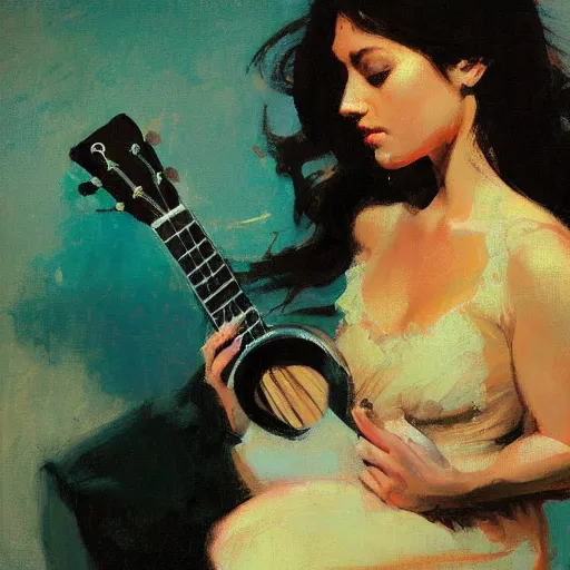 Image similar to ukulele, intricate, elegant, highly detailed, greg manchess, mucha, liepke, ruan jia, jeffrey catherine jones, ridley scott