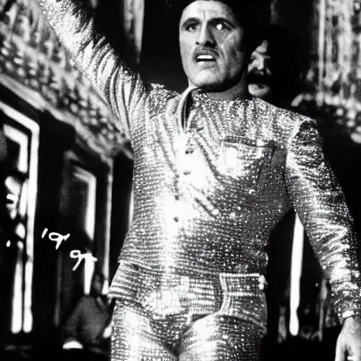 Prompt: A movie still of Mussolini wearing a disco suit in Satuday Night Fever
