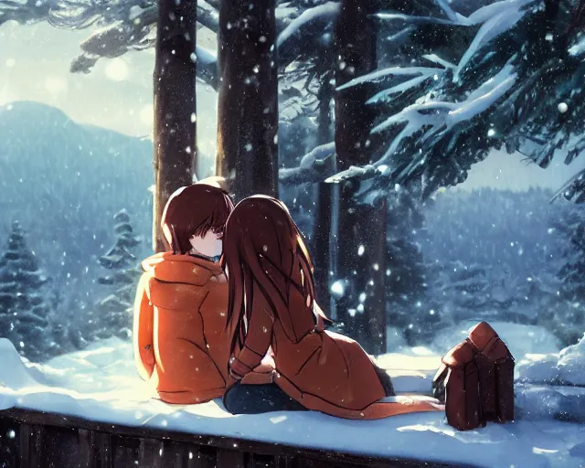 Image similar to a boy and a girl with long flowing auburn hair sitting together on the porch of a cabin on a mountain overlooking a snowy forest. Atmospheric lighting, long shot, romantic, boy and girl are the focus, cold lighting, snowy. Anime. By Makoto Shinkai, Stanley Artgerm Lau, WLOP, Rossdraws, James Jean, Andrei Riabovitchev, Marc Simonetti, krenz cushart, Sakimichan, D&D trending on ArtStation, digital art.