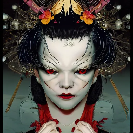 Prompt: portrait of crazy sia kate isobelle furler samurai and vampire, symmetrical, by yoichi hatakenaka, masamune shirow, josan gonzales and dan mumford, ayami kojima, takato yamamoto, barclay shaw, karol bak, yukito kishiro