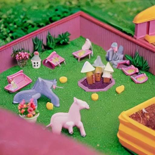 Prompt: a clamshell polly pocket garden with unicorns, kodachrome photo