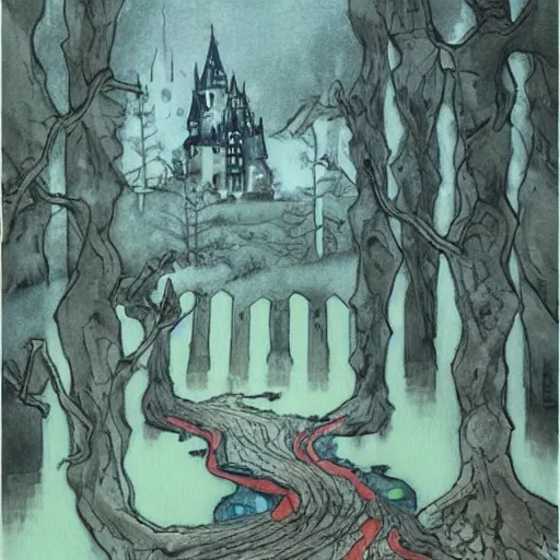 Image similar to james jean watercolor of a haunted castle in the woods, set an the end of a winding road