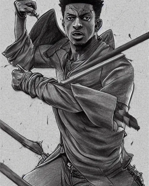 Prompt: a very detailed pencil drawing of 2 1 savage in demon slayer manga panel, action lines, greg rutkowski, in field high resolution, dynamic pose, landscape, medium portrait, action, hyper realistic, manga, koyoharu gotouge, sakuga