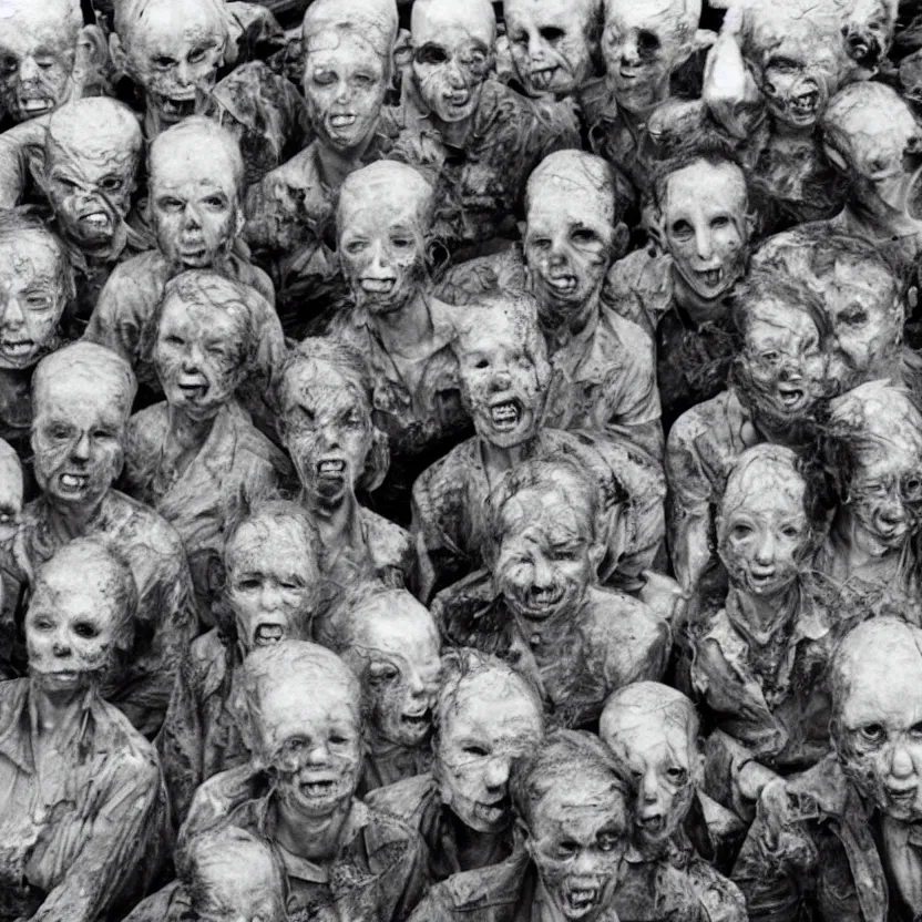 Image similar to group of deformed irradiated people with acute radiation sickness flaking, melting, rotting skin wearing 1950s clothing in a 1950s nuclear wasteland. Group is living in a nuclear reactor. Photo is black and white award winning photo highly detailed, highly in focus, highly life-like, facial closeup taken on Arriflex 35 II, by stanley kubrick