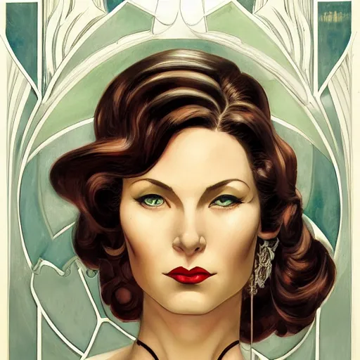 Image similar to a streamline moderne, ( art nouveau ), multi - racial portrait in the style of charlie bowater, and in the style of donato giancola, and in the style of charles dulac. intelligent, expressive eyes. symmetry, ultrasharp focus, dramatic lighting, semirealism, intricate symmetrical ultrafine ( ( dieselpunk ) ) background detail.