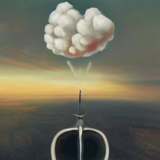 Image similar to oil painting with dramatic lighting : the view from the windows of the hindenburg blimp right before it exploded. there are no blimps in the picture because we are inside it, looking down at the ground. the woman looking down and out the window is sitting at a table drinking coffee.