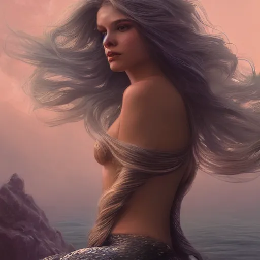 Image similar to beautiful mermaid with her hair flowing down, extremely high detail, photo realistic, cinematic, post processed, concept art, artstation, matte painting, style by Raphael Lacoste, Eddie Mendoza