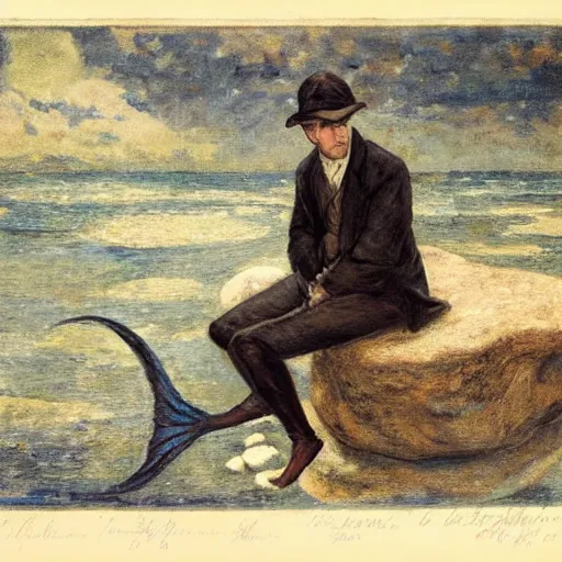 Image similar to male sherlock holmes mermaid with a big tail and sitting on a stone at the bottom of the sea in the style of jules bastien - lepage