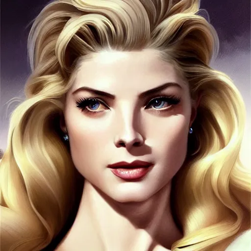 Image similar to A combination of Grace Kelly's and Katheryn Winnick's and Ashley Greene's faces with long eyelash makeup as Solid Snake, western, fantasy, intricate, elegant, highly detailed, digital painting, artstation, concept art, matte, sharp focus, illustration, half body portrait, art by Artgerm and Greg Rutkowski and Alphonse Mucha