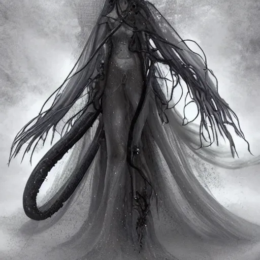 Image similar to concept designs for an ethereal ghostly wraith like figure with a squid like parasite latched onto its head and long tentacle arms that flow lazily but gracefully at its sides like a cloak while it floats around a frozen rocky tundra in the snow searching for lost souls and that hides amongst the shadows in the trees, this character has hydrokinesis and electrokinesis for the resident evil village video game franchise with inspiration from the franchise Bloodborne and the mind flayer from stranger things on netflix