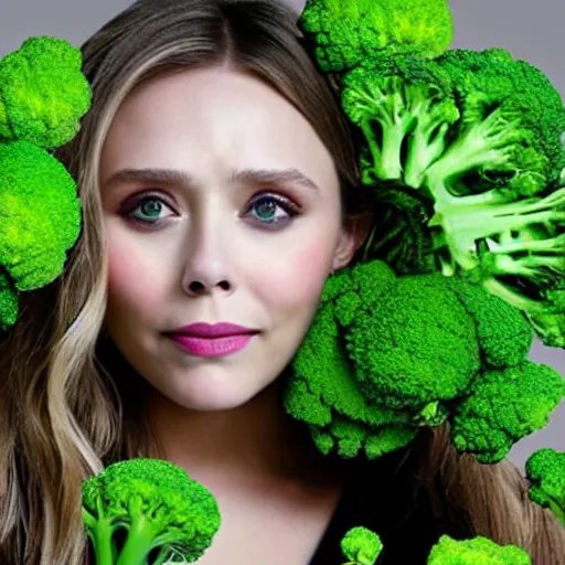 Image similar to elizabeth olsen with a [ face!!! made of broccoli ]!!, trending on cgsociety, 4 k quality, intricate