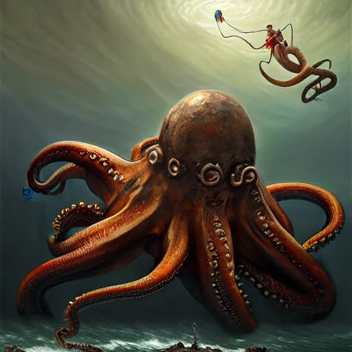 Image similar to a dream fantasy painting of a giant octopus attack a swimming man, by beksinki, giger, greg rutkowski, carne griffith trending on artstation, deviantart, photorealism