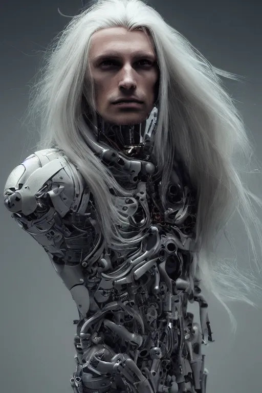 Prompt: a portrait of a toned male half human half mechanical with long white hair and with joints with visible joints by greg rutkowski, sung choi, mitchell mohrhauser, maciej kuciara, johnson ting, maxim verehin, peter konig, bloodborne, 8 k photorealistic, cinematic lighting, hd, high details, dramatic, dark atmosphere, trending on artstation