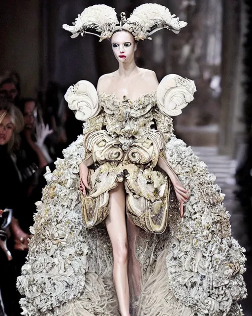 Prompt: fashion model walking down a catwalk, elaborate dress by alexander mcqueen, detailed face, beautiful feminine face, art by julia hetta and giampaolo sgura and pamela hanson and david roemer and mario testino and lara jade and tim walker and cole sprouse