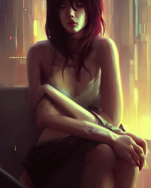 Image similar to a painting woman sitting on a couch, cyberpunk art by wlop, cgsociety, fantasy art, anime aesthetic, anime, dystopian art, true anatomy, extremely beautiful face, extremely detailed face