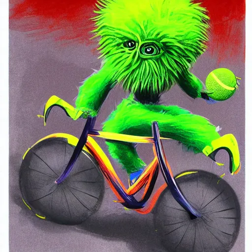 Image similar to a tennis ball monster, tennis ball, dark, chalky, riding a bike, digital art, fantasy, magic, trending on artstation, ultra detailed, professional illustration by Basil Gogos