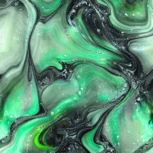 Prompt: beautiful liquid marble texture with oil bubbles and little twirls. harmonic black and green tones coloured abstraction. ultradetailed realistic art