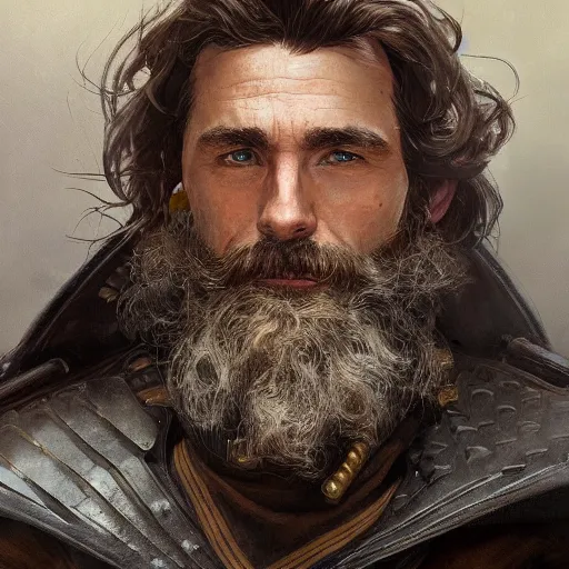 Prompt: portrait of a ruggedly handsome wizard soldier with short brown hair and beard wearing a leather armor and a cape, fantasy, highly detailed, digital painting, artstation, concept art, character art, art by greg rutkowski and tyler jacobson and alphonse mucha