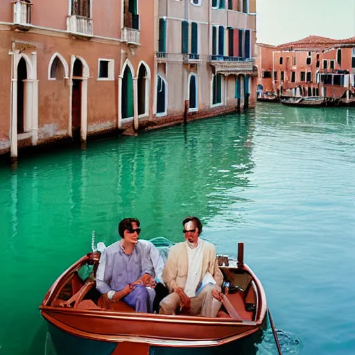 Image similar to a fashionable man driving a riva boat around the the venetian lagoon. kodak portra film photograph. brilliant aqua blues. complimentary color palette.