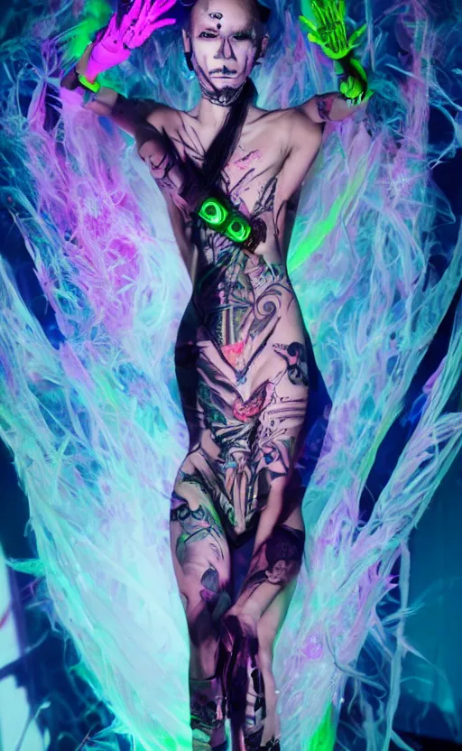 Image similar to hyperrealistic futuristic high fashion photography, girl in studio, full body, glowsticks, lsd, rave, cybernetic parts, asian, vogue magazine, nomad masterpiece, nano parts, neon lights, smoke, eerie music, beautiful intricate face and flawless skin, tribal jewelry, tattoos, perfect hands, head piece, by Edgar Maxence and Ross Tran and Michael Whelan, 8k, octane render