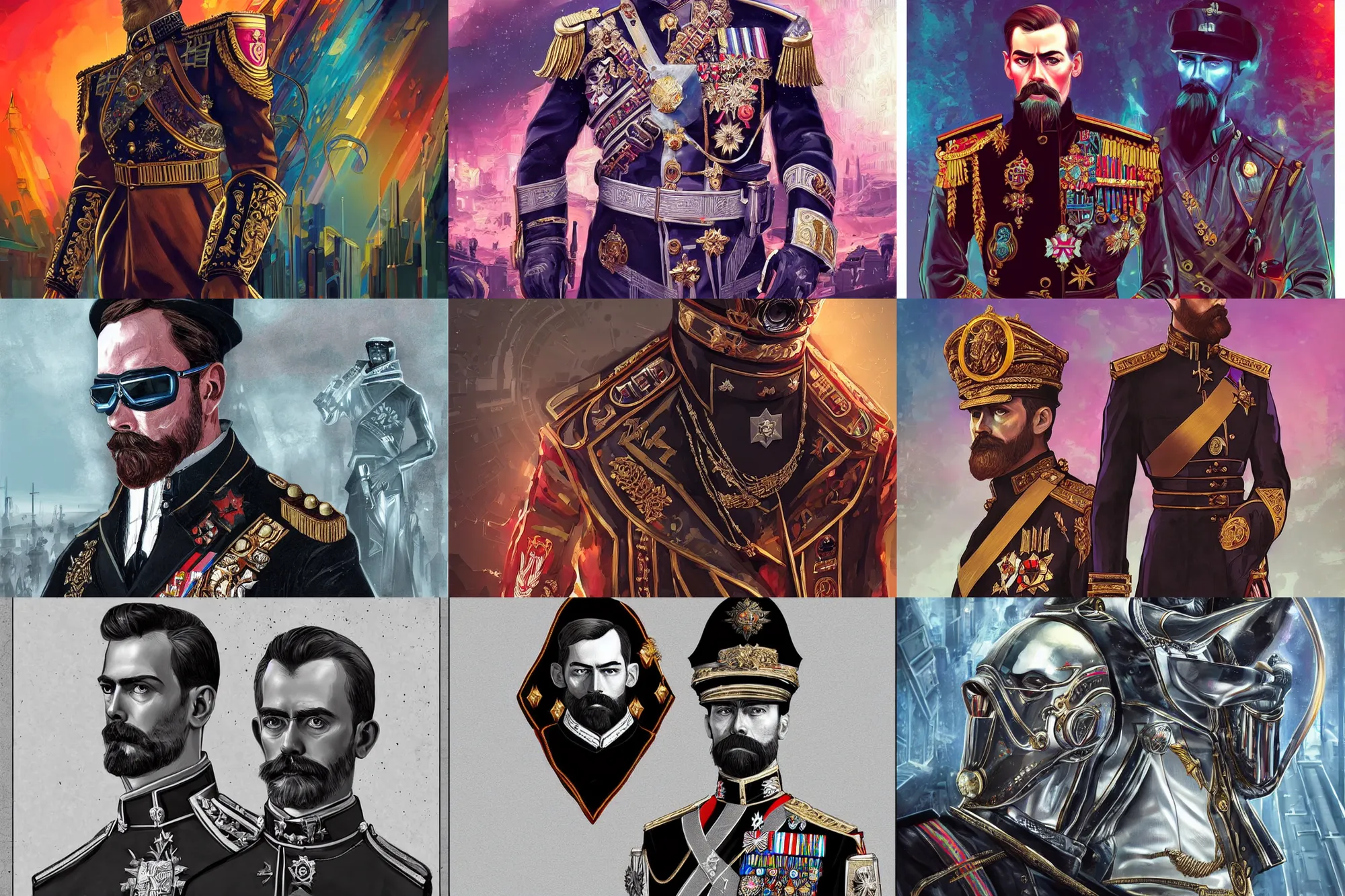 Prompt: Nicholas II of Russia, cyberpunk, synthwave, ornate, digital art, illustration, artstation, youtube, full body, wide angle, Schwarze Sonne halo