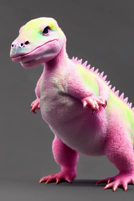 Image similar to high quality 3 d render hyperrealist very cute multipastel fluffy baby dinosaur, vray, smooth in the background, artstation