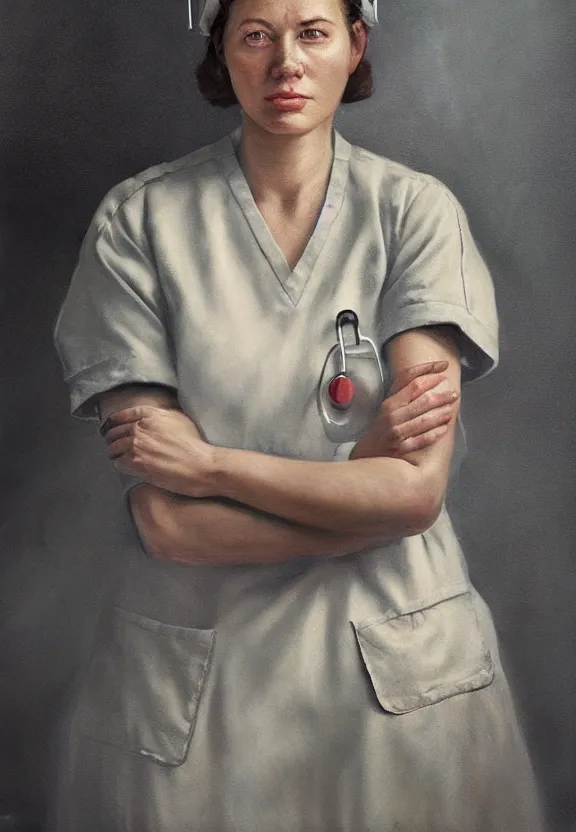 Prompt: a portrait of a tired female nurse in world war 2, 1 9 4 0 setting, sad colors, soft lighting, atmospheric, cinematic, moody, in the style of diego koi, gina heyer, luiz escanuela, art by alyssa monk, hyperrealism, rule of thirds, oil on canvas, 8 k