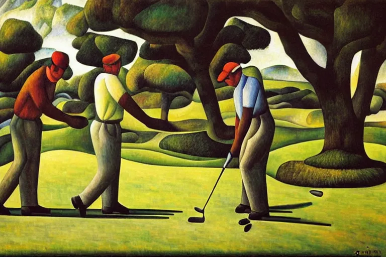 Image similar to Three golfers on a beautiful golf course, by Diego Rivera